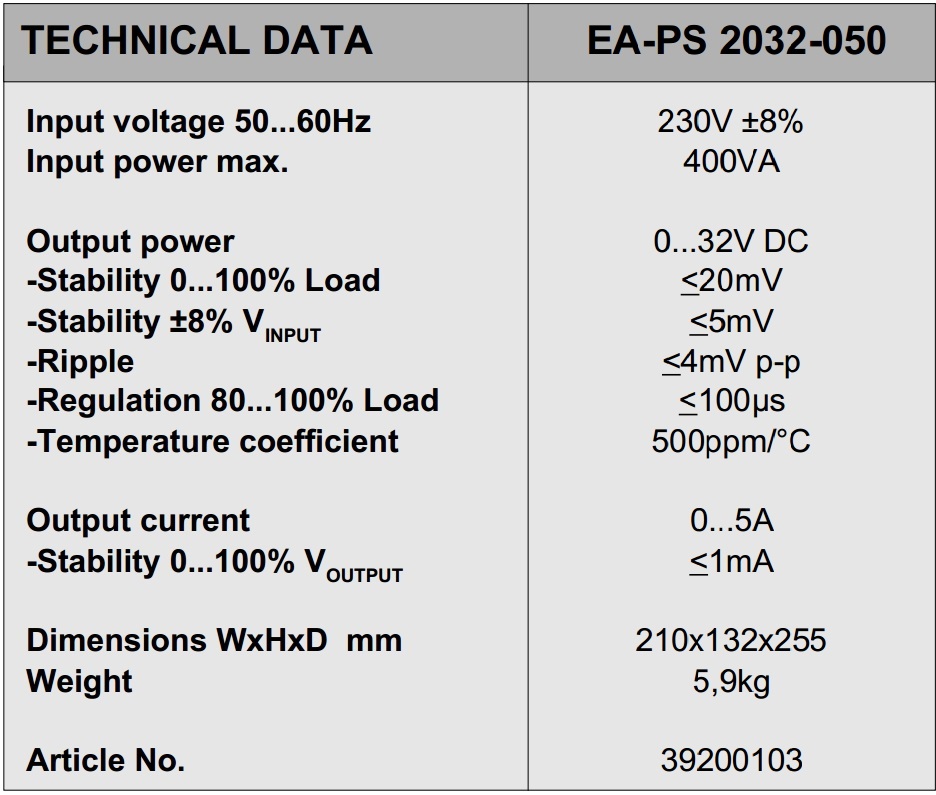 ספק כוח למעבדות אלקטרוניקה EA ELEKTRO AUTOMATIK EA-PS 2032-050